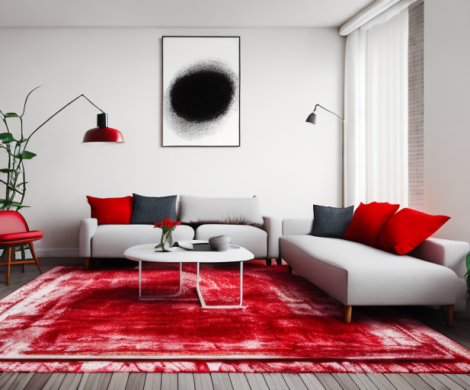 A cozy living room with a red rug as the focal point